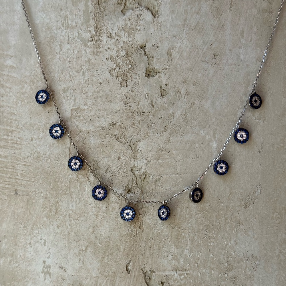 925 Sterling Silver Blue Pavé Evil Eye Charm Necklace